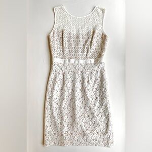 BCBG Max Azria White Tan Mixed Lace Sheer Sleeveless Sheath Dress.